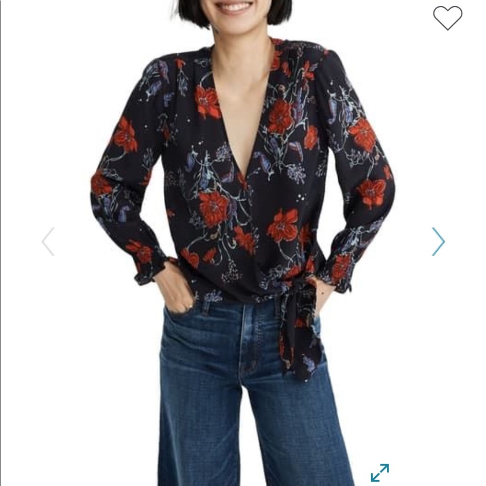 Madewell silk smocked sleeve wrap blouse size L